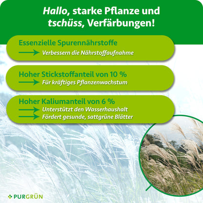 Essenzielle Spurennährstoffe verbessern die Nährstoffaufnahme; 10 % Stickstoff fördern kräftiges Pflanzenwachstum. 6 % Kalium unterstützen den Wasserhaushalt und fördern gesunde, sattgrüne Blätter.