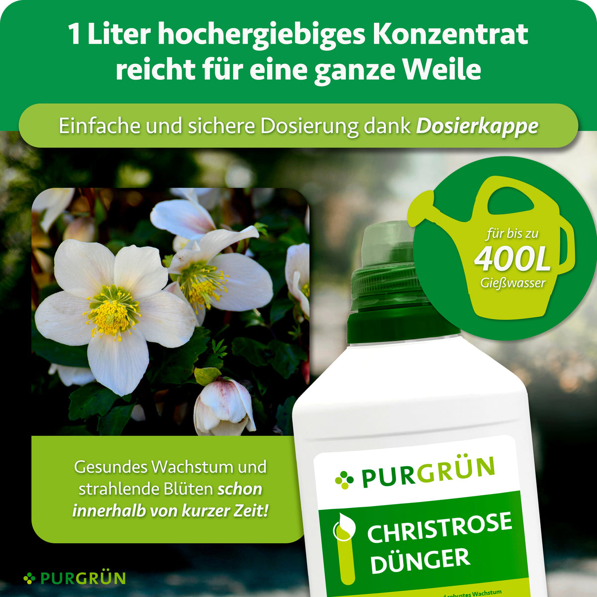 1 Liter Konzentrat ergibt bis zu 400 Liter Gießwasser und lässt sich mit der Dosierkappe einfach und sicher dosieren.
