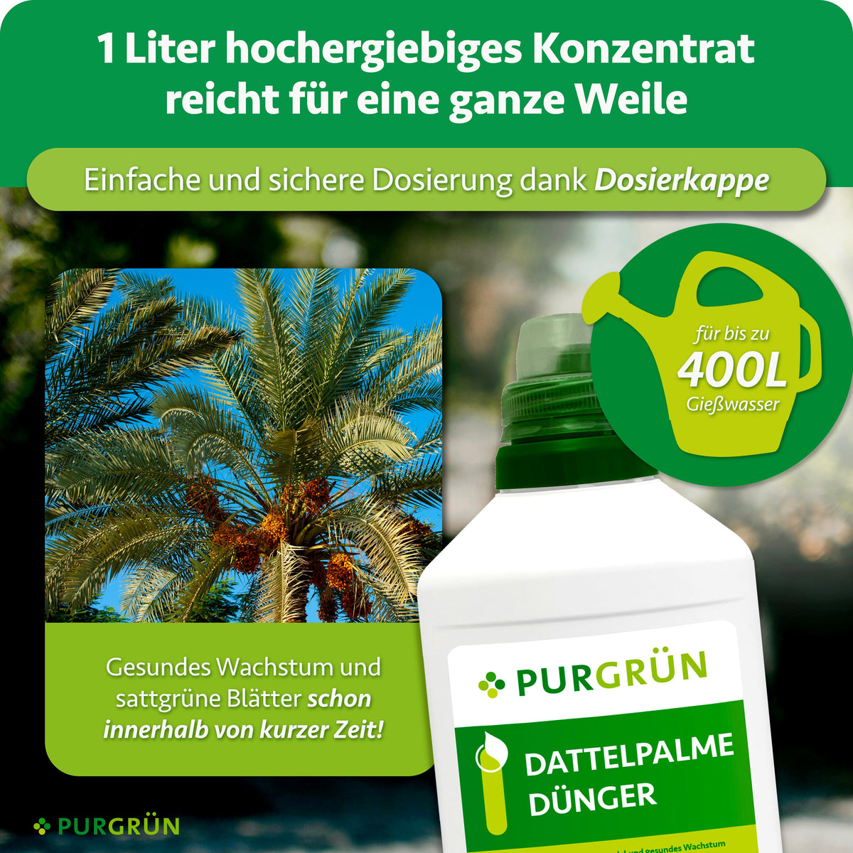 1 Liter hochergiebiges Konzentrat mit Dosierkappe reicht für bis zu 400 Liter Gießwasser.