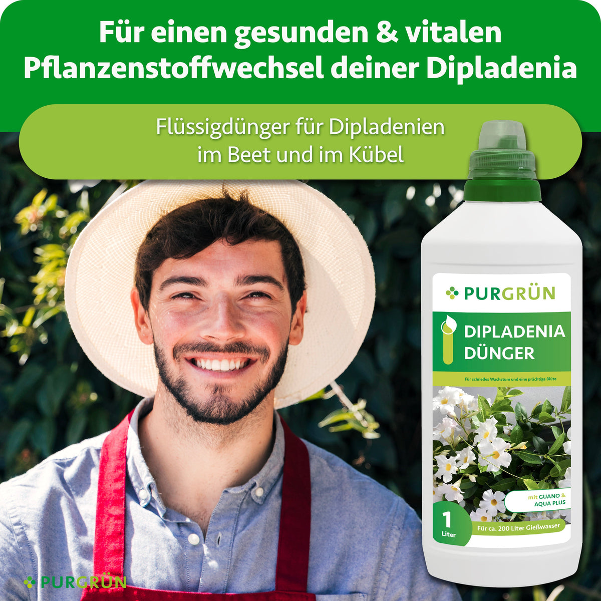 Ein lächelnder Gärtner steht neben der 1-Liter-Flasche; der Flüssigdünger ist für Dipladenien im Beet und Kübel bestimmt.
