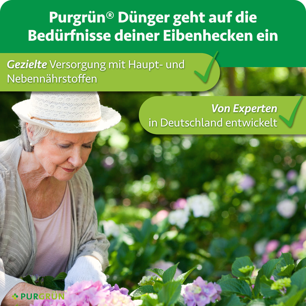 Purgrün Eibendünger: gezielte Versorgung mit Haupt- und Nebennährstoffen, von Experten in Deutschland entwickelt.