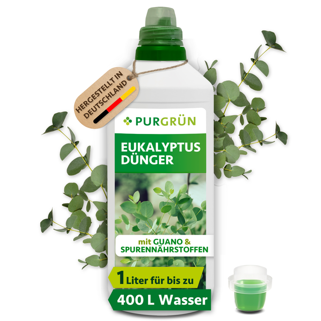 Purgrün Eukalyptus-Dünger in der 1-Liter-Flasche mit Dosierkappe und Eukalyptuszweigen, hergestellt in Deutschland und ausreichend für bis zu 400 Liter Gießwasser.