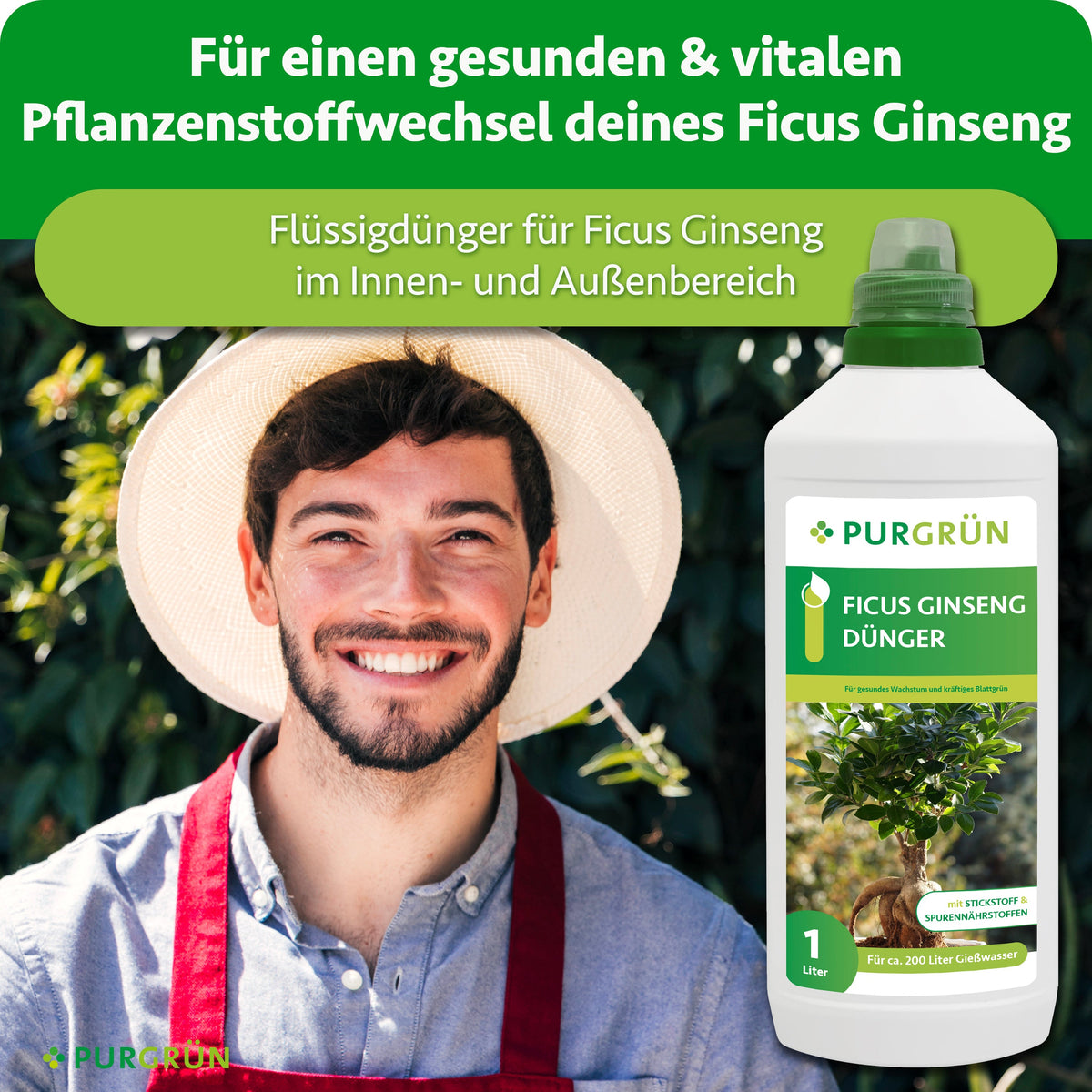 Flüssigdünger für Ficus Ginseng im Innen- und Außenbereich, dargestellt neben einem lächelnden Gärtner.