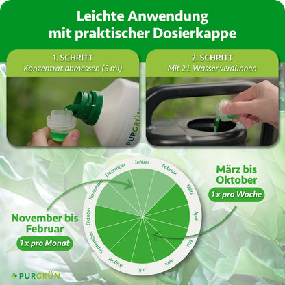 Anwendung: 5 ml Konzentrat mit 2 Litern Wasser verdünnen. Von März bis Oktober einmal pro Woche, von November bis Februar einmal pro Monat düngen.