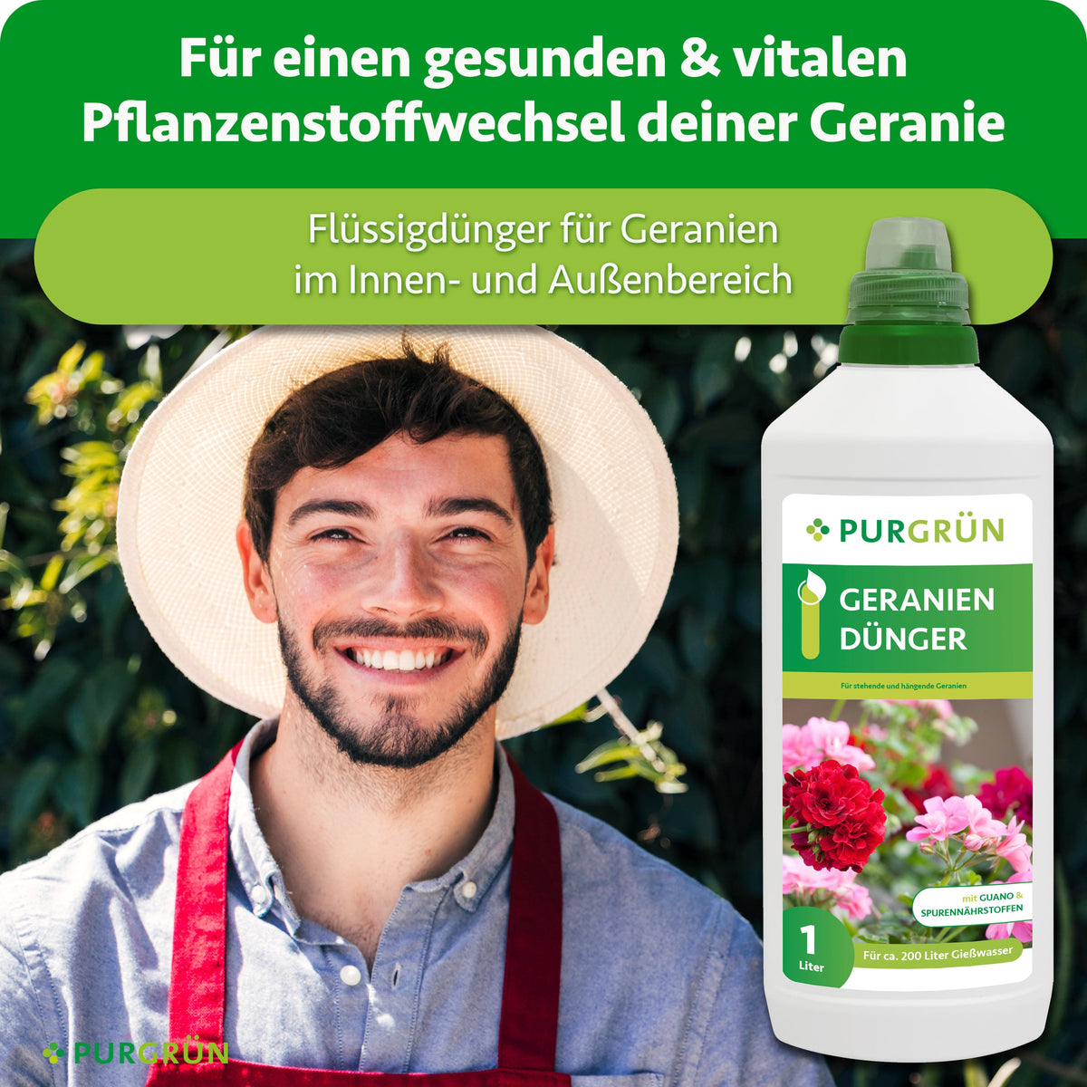 Lächelnder Gärtner neben Purgrün Geraniendünger, einem Flüssigdünger für Geranien im Innen- und Außenbereich.