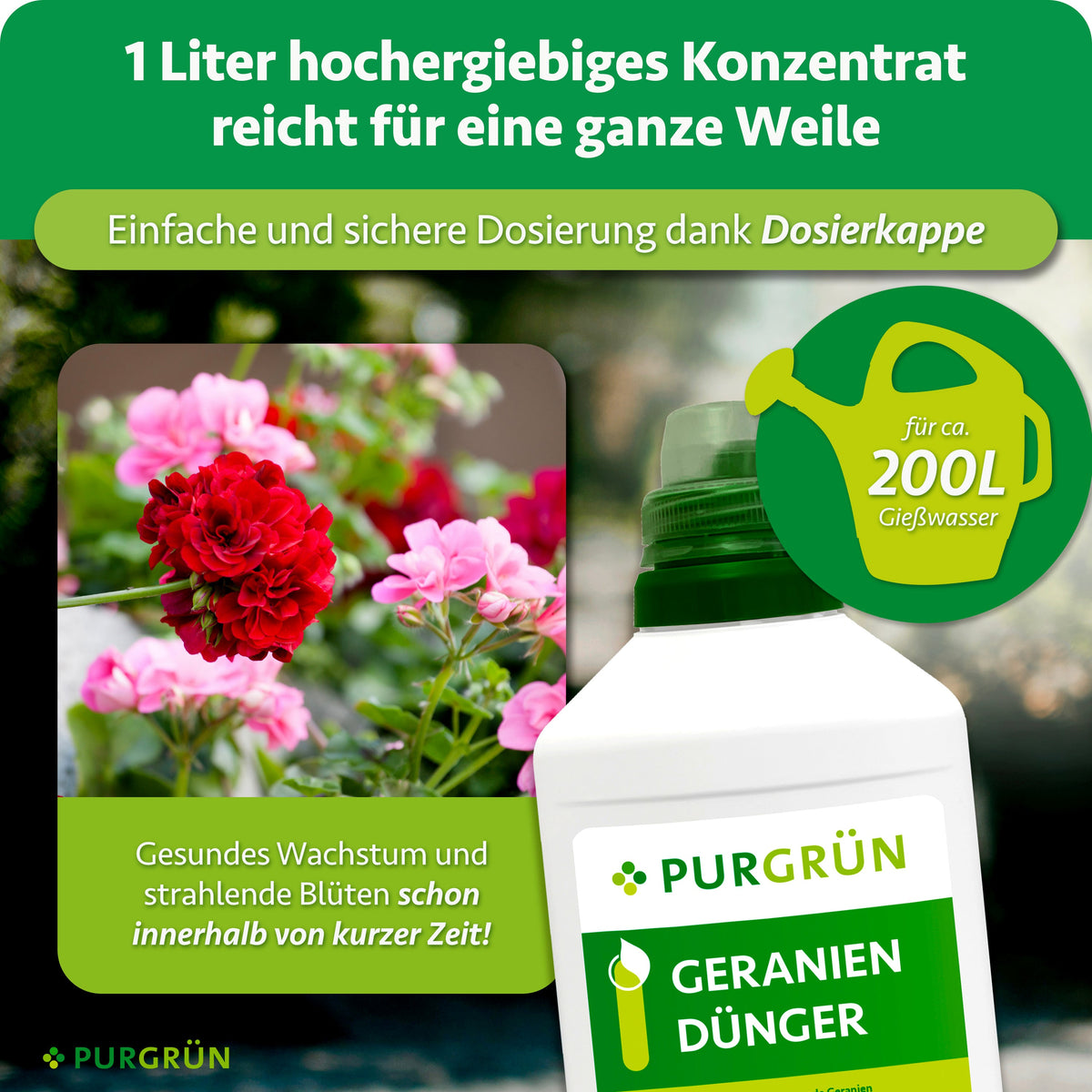 Das 1-Liter-Konzentrat reicht für ca. 200 Liter Gießwasser; die Dosierkappe ermöglicht eine einfache und sichere Dosierung.