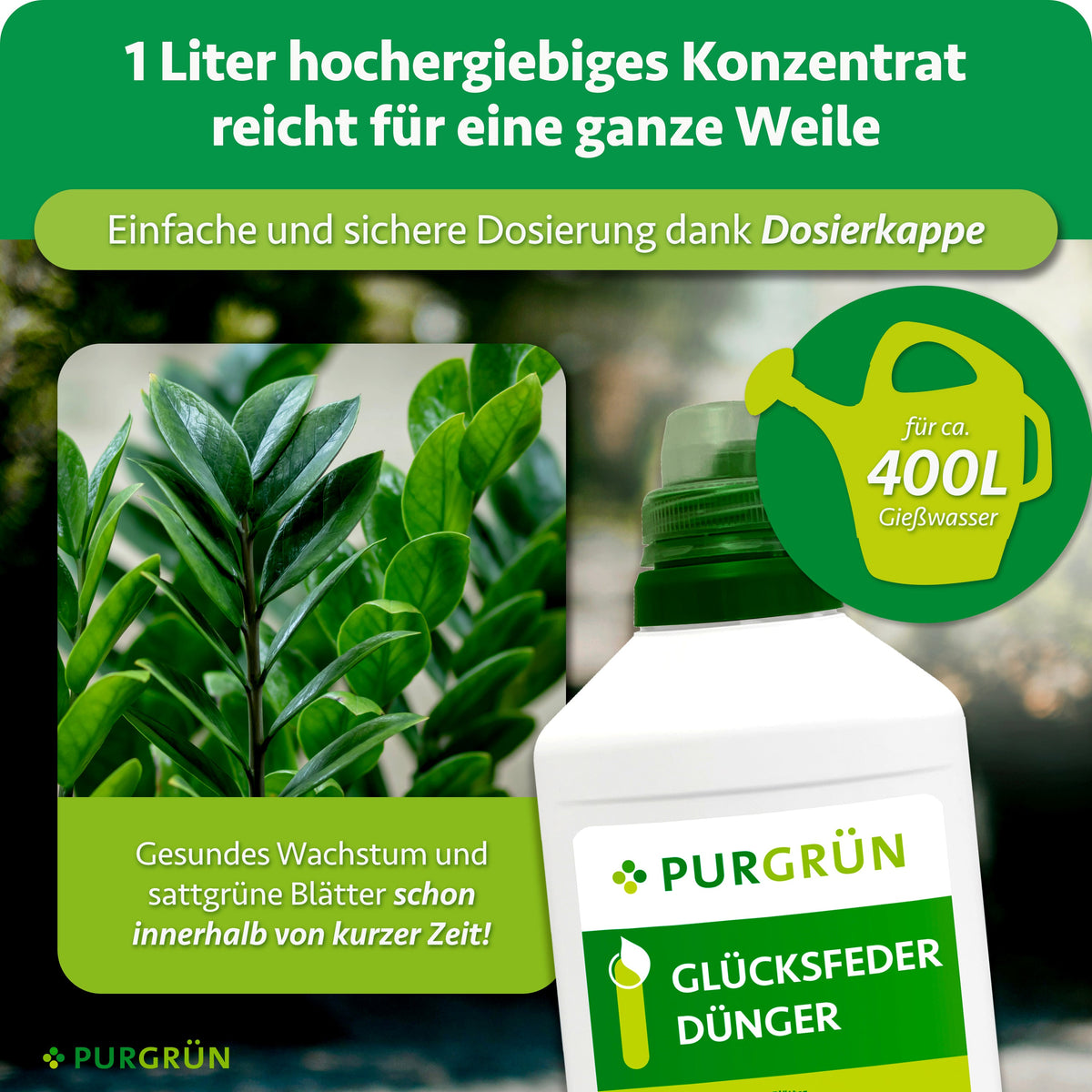 1 Liter Konzentrat reicht für ca. 400 Liter Gießwasser; die Dosierkappe ermöglicht eine einfache und sichere Dosierung.