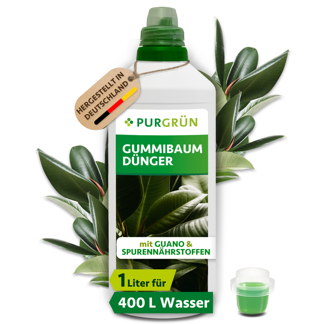 Purgrün Gummibaum-Dünger in der 1-Liter-Flasche mit Dosierkappe, Guano und Spurennährstoffen; ausreichend für ca. 400 Liter Gießwasser.