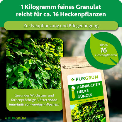 1 kg feines Granulat reicht für ca. 16 Heckenpflanzen und eignet sich zur Neupflanzung sowie Pflegedüngung.