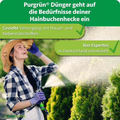 Purgrün Hainbuchenhecke-Dünger: gezielte Versorgung mit Haupt- und Nebennährstoffen, von Experten in Deutschland entwickelt.