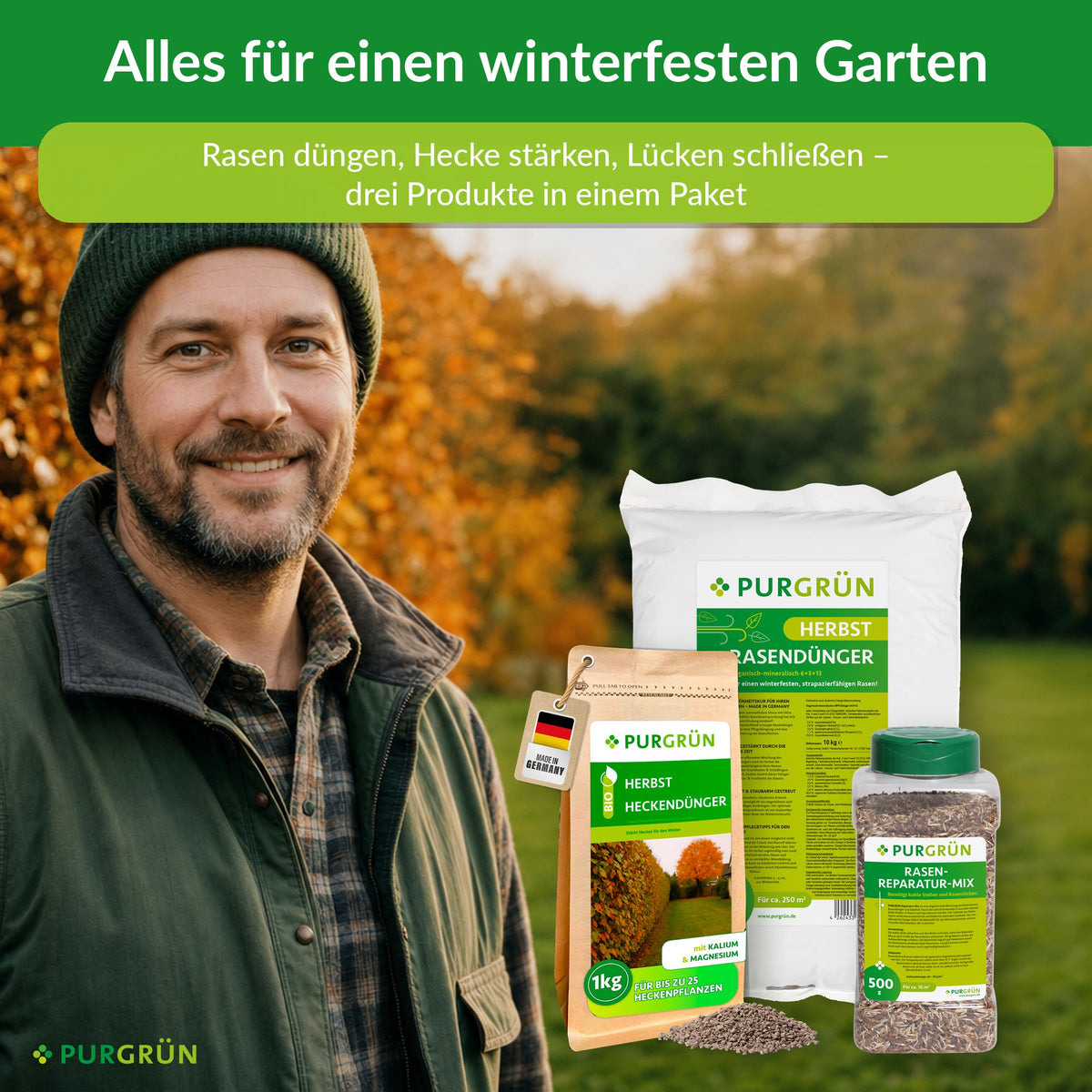 Herbst-Bundle von Purgrün: Gärtner mit Herbstrasendünger, Bio-Herbst-Heckendünger und Rasen-Reparatur-Mix