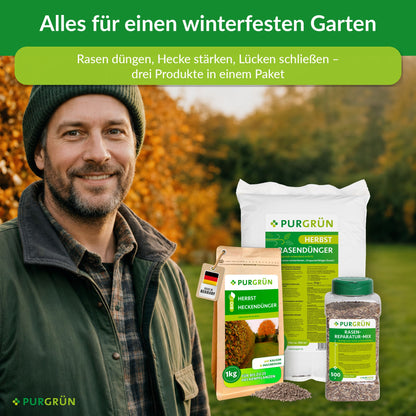 Herbst-Bundle von Purgrün: Gärtner mit Herbstrasendünger, Bio-Herbst-Heckendünger und Rasen-Reparatur-Mix