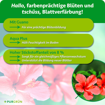 Mit Guano für eine prächtige Blütenbildung. Aqua Plus hält Feuchtigkeit im Boden. 8 % Stickstoff unterstützen gleichmäßiges Wachstum und die Bildung neuer Blätter.