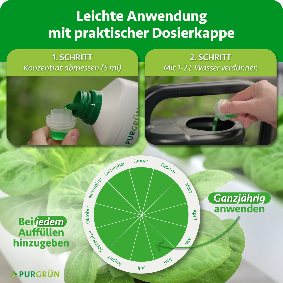 Anwendung: 5 ml Konzentrat abmessen und mit 1–2 Litern Wasser verdünnen. Bei jedem Auffüllen ganzjährig hinzugeben.