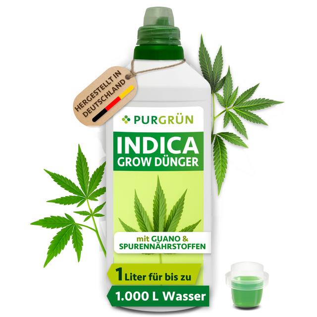 Purgrün Indica-Grow-Dünger in der 1-Liter-Flasche mit Dosierkappe, Guano und Spurennährstoffen; ausreichend für ca. 600–1.000 Liter Gießwasser.