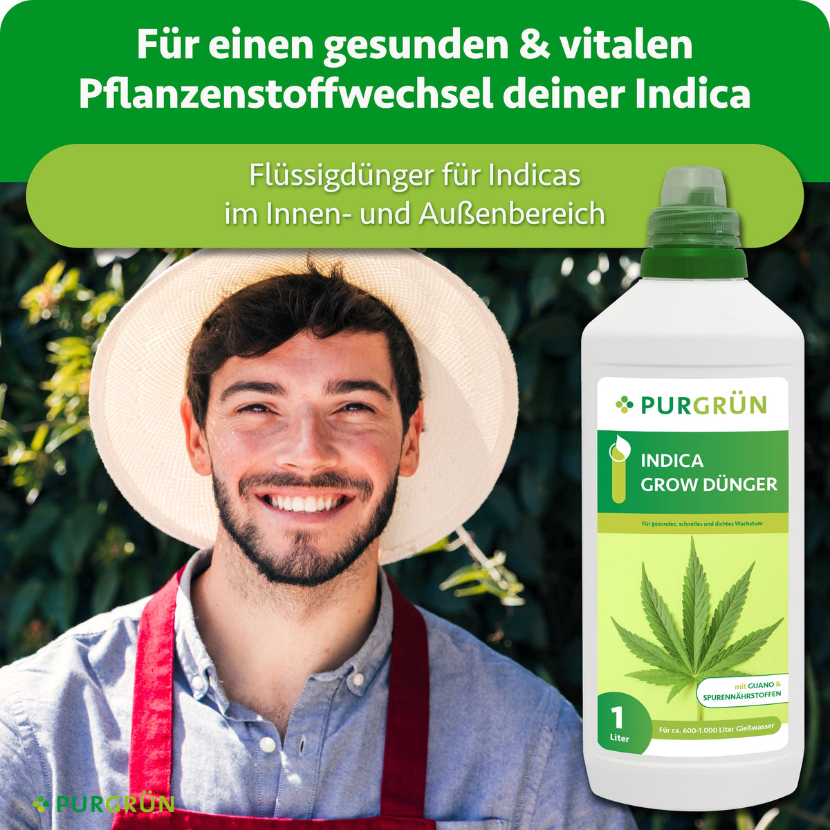 Flüssigdünger für Indicas im Innen- und Außenbereich, beworben für einen gesunden und vitalen Pflanzenstoffwechsel.