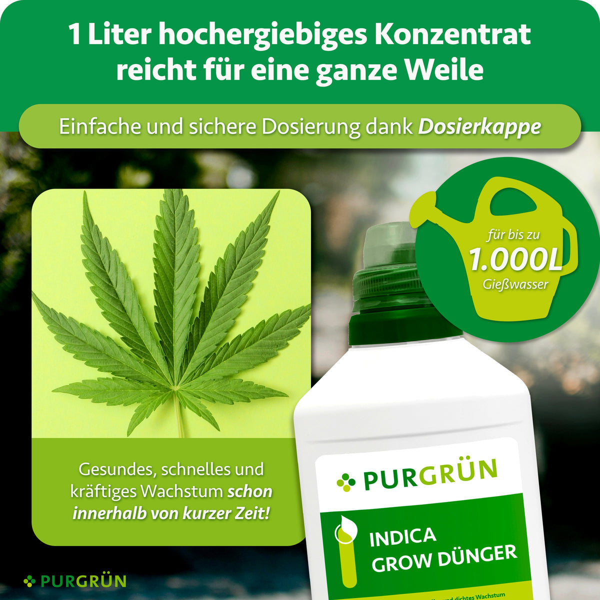 1 Liter Konzentrat reicht für bis zu 1.000 Liter Gießwasser; die Dosierkappe ermöglicht einfaches und sicheres Abmessen.