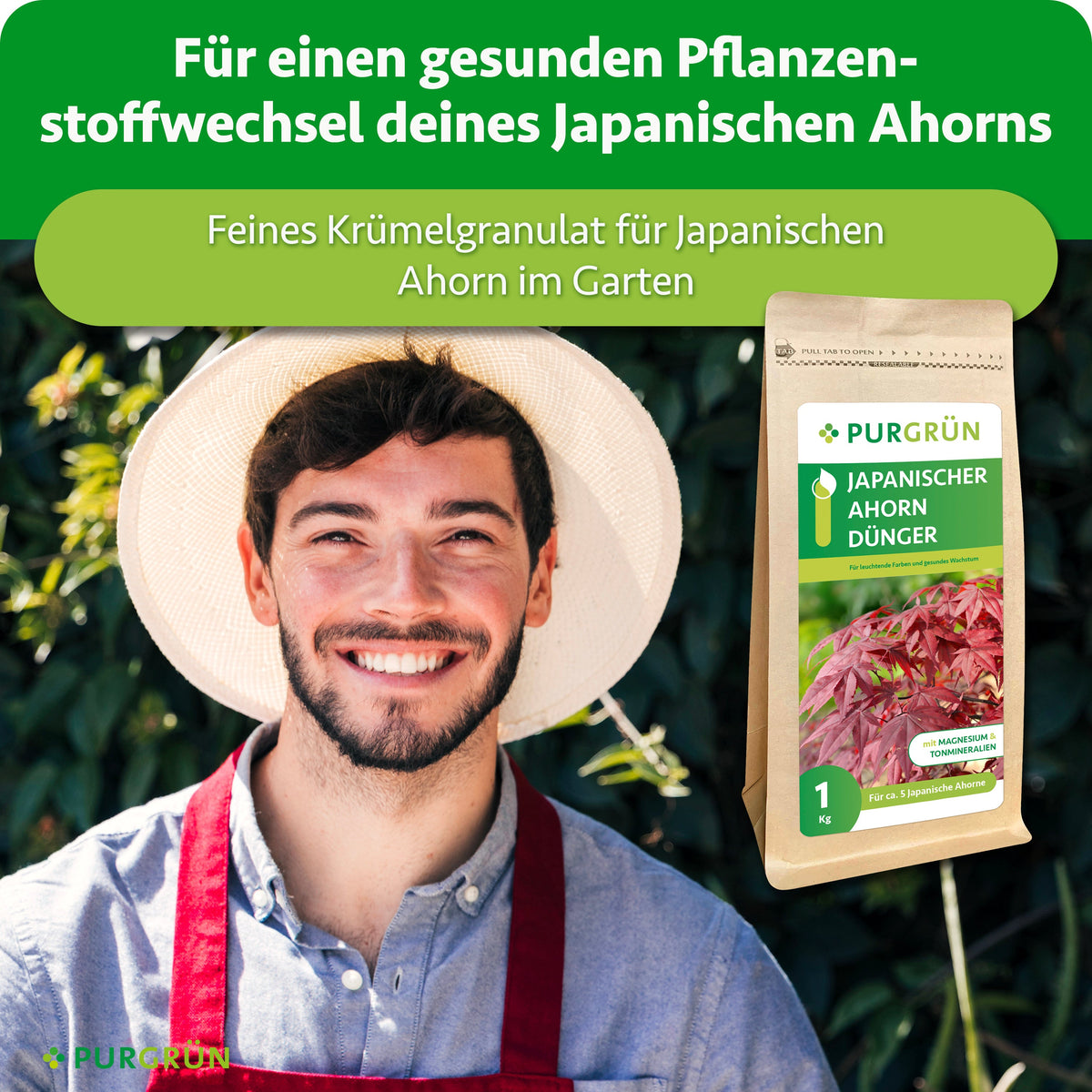 Feines Krümelgranulat für einen gesunden Pflanzenstoffwechsel des Japanischen Ahorns; daneben ein lächelnder Gärtner und der Düngerbeutel.