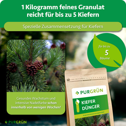 1 kg feines Granulat reicht für bis zu 5 Kiefern; die spezielle Zusammensetzung fördert gesundes Wachstum und intensive Nadelfarbe innerhalb weniger Wochen.