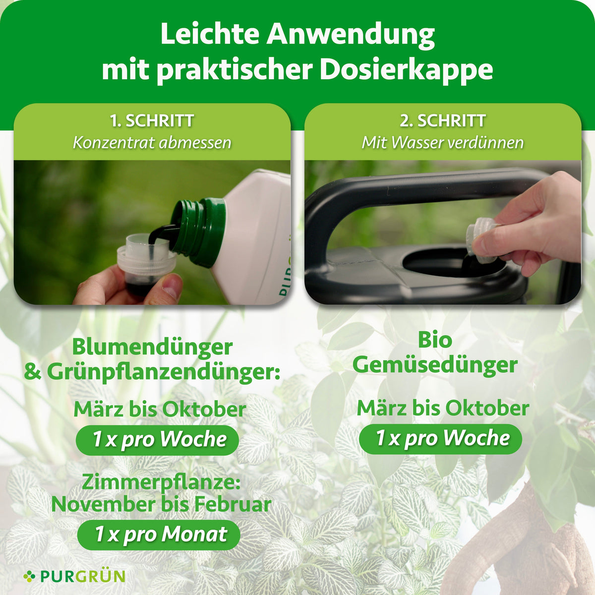 Anwendung in zwei Schritten: Konzentrat abmessen und mit Wasser verdünnen. Blumen- und Grünpflanzendünger von März bis Oktober 1-mal pro Woche, für Zimmerpflanzen von November bis Februar 1-mal pro Monat; Bio-Gemüsedünger von März bis Oktober 1-mal pro Woche.