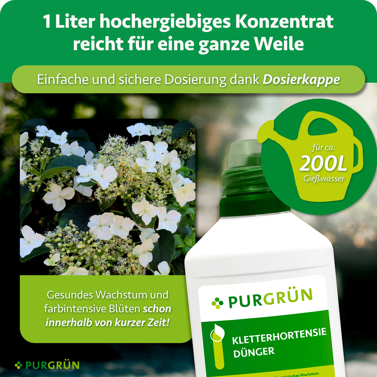 Ein Liter hochergiebiges Konzentrat reicht für ca. 200 Liter Gießwasser; die Dosierkappe ermöglicht eine einfache und sichere Dosierung.