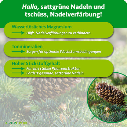 Wasserlösliches Magnesium hilft, Nadelverfärbungen zu verhindern, Tonmineralien sorgen für optimale Wachstumsbedingungen und hoher Stickstoffgehalt fördert stabile, sattgrüne Nadeln.