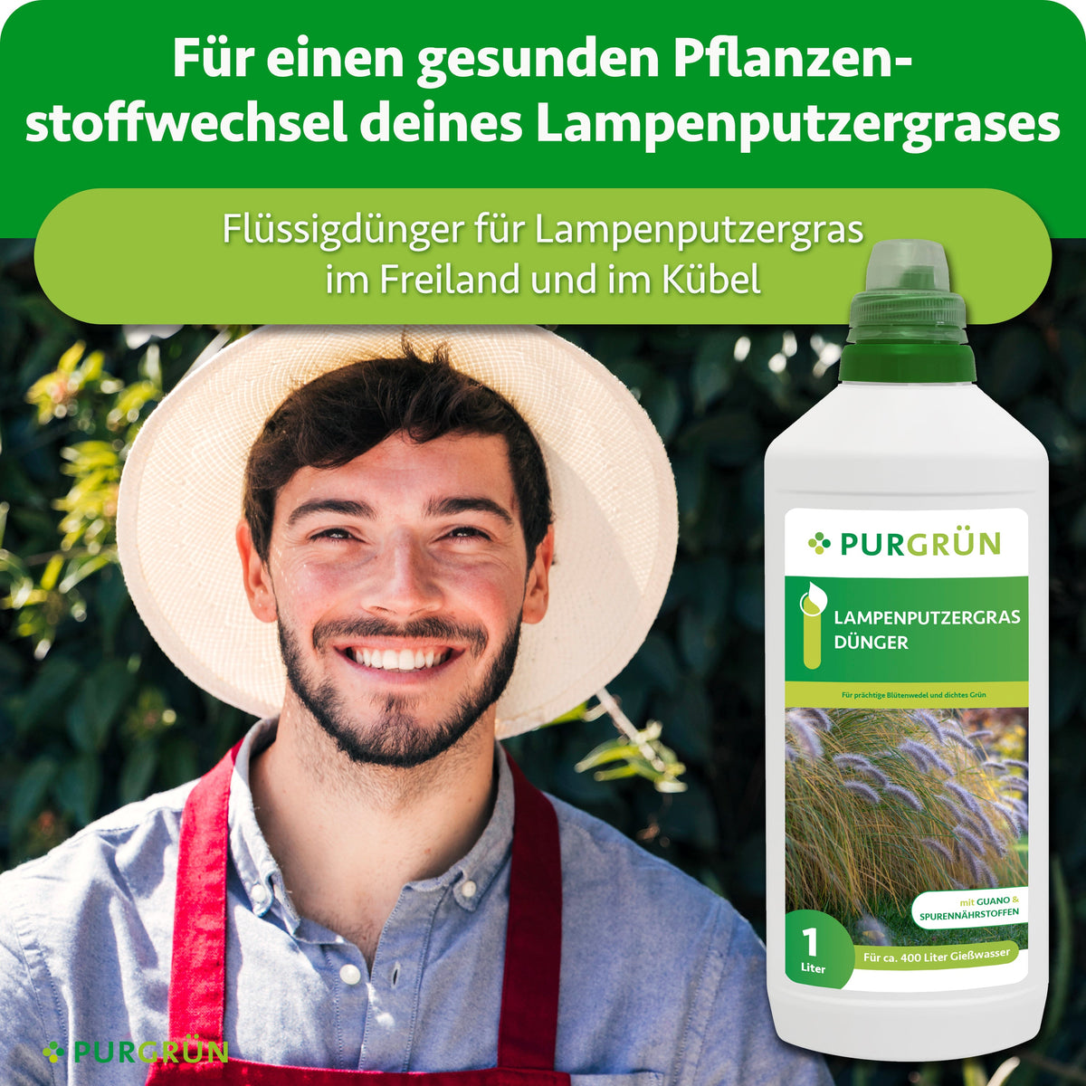 Flüssigdünger für Lampenputzergras im Freiland und im Kübel, dargestellt neben einem lächelnden Gärtner.
