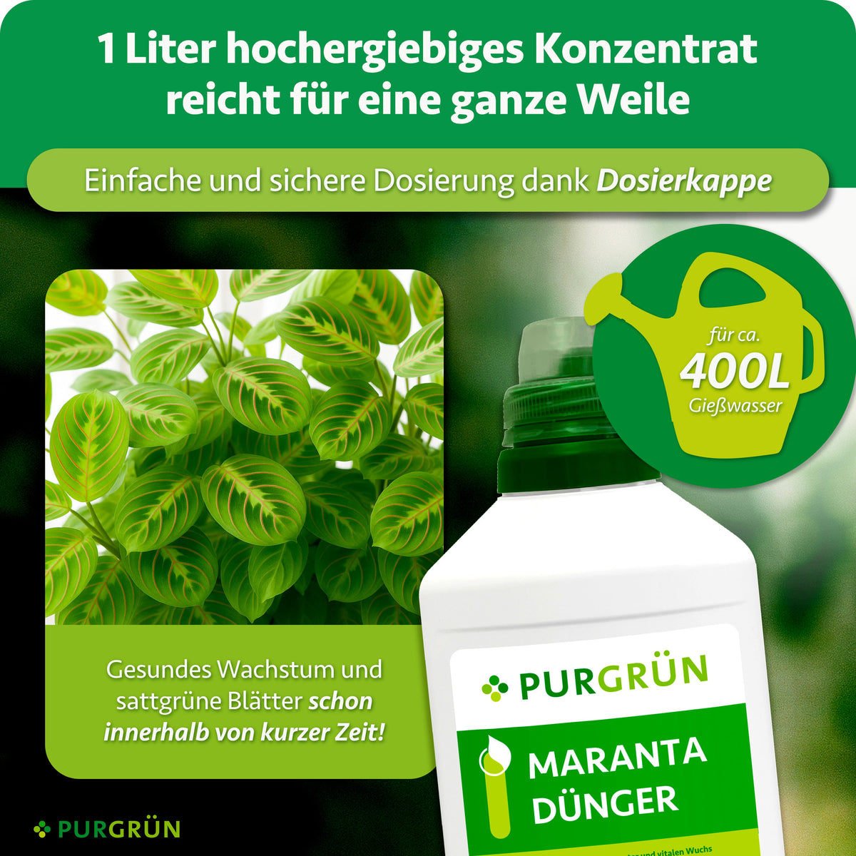 Ein Liter Konzentrat reicht für ca. 400 Liter Gießwasser und lässt sich mit der Dosierkappe einfach und sicher dosieren.