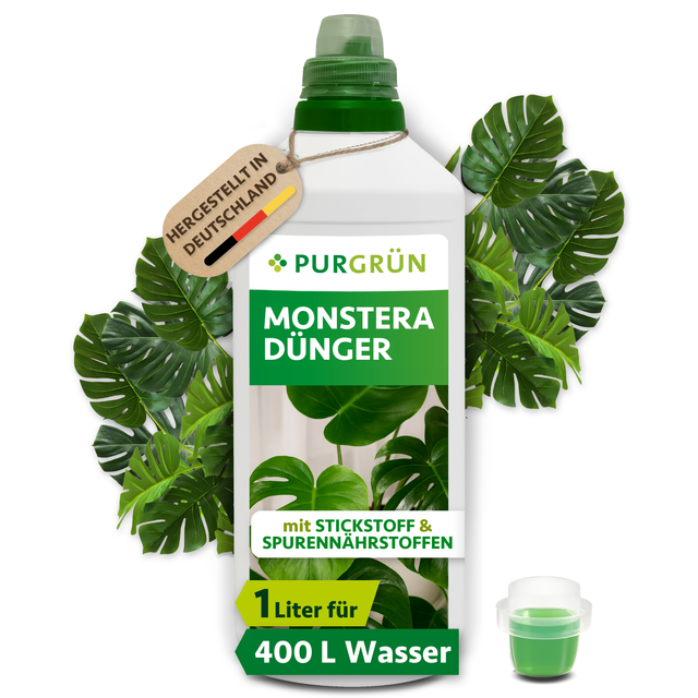 Purgrün Monstera-Dünger in der 1-Liter-Flasche mit Dosierkappe; reicht laut Etikett für ca. 400 Liter Gießwasser.