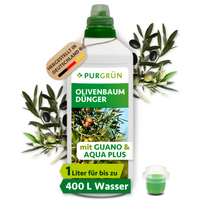 1-Liter-Flasche Purgrün Olivenbaum-Dünger mit Dosierkappe, Guano und Aqua Plus; reicht für bis zu 400 Liter Gießwasser.