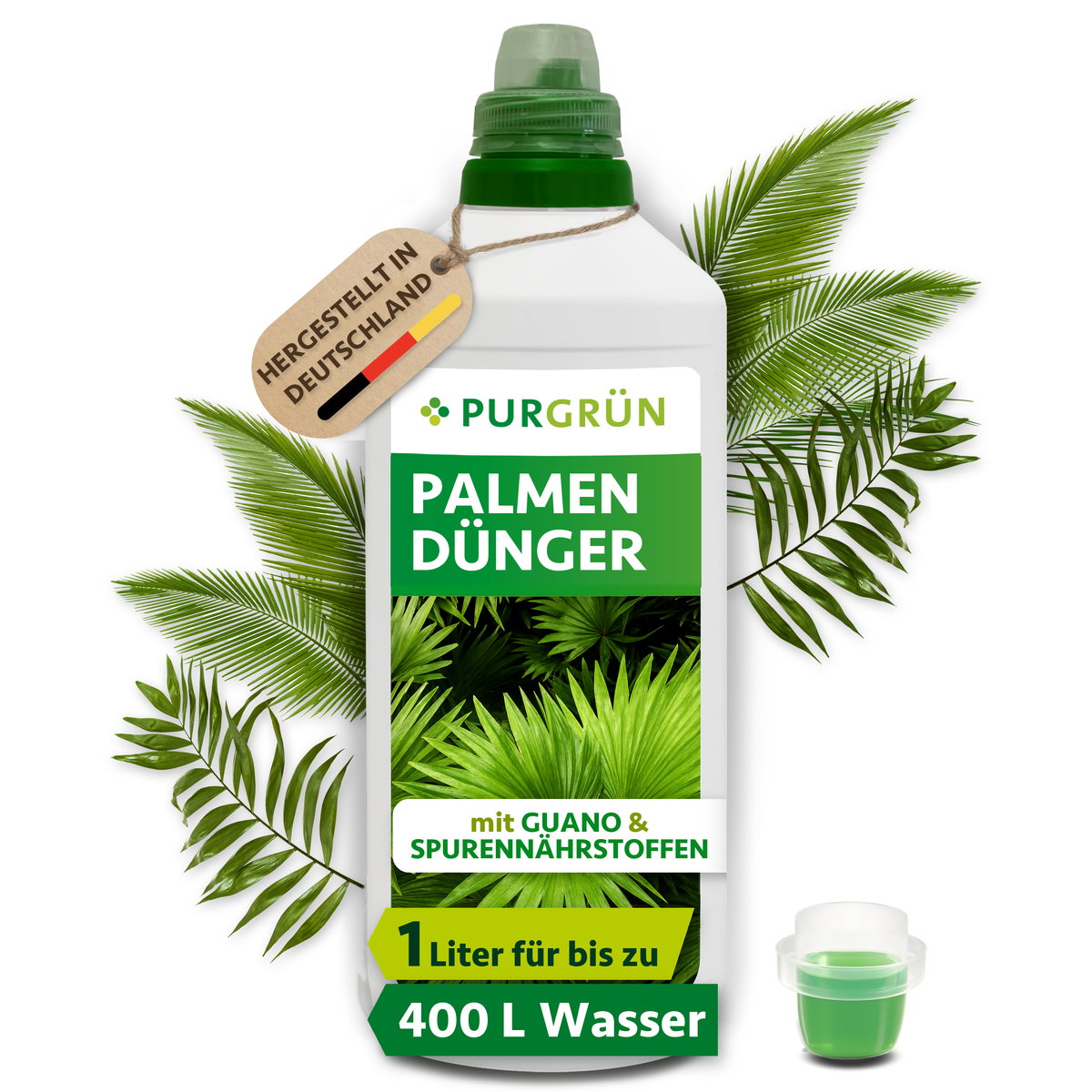 Purgrün Palmendünger 1 Liter – ideal für Zimmer- und Gartenpalmen, angereichert mit Guano, Spurennährstoffen und optimaler Stickstoffversorgung. Inklusive Messkappe und Made in Germany-Etikett, abgebildet mit grünen Palmblättern.