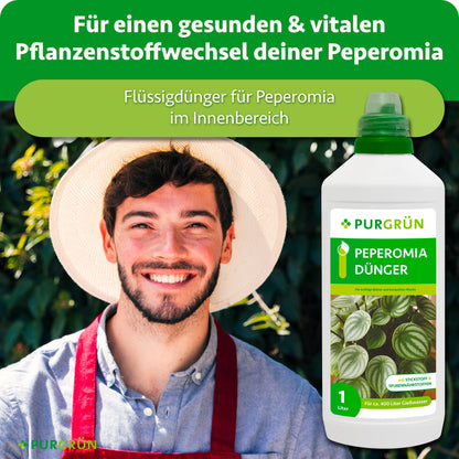 Peperomia-Flüssigdünger für den Innenbereich, beworben für einen gesunden und vitalen Pflanzenstoffwechsel.