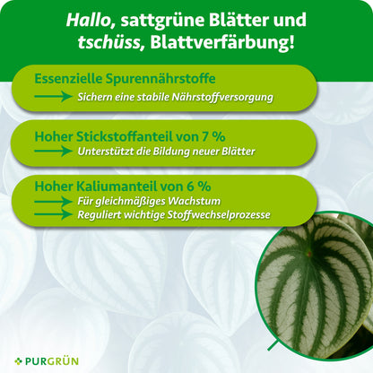 Essenzielle Spurennährstoffe sichern die Nährstoffversorgung; 7 % Stickstoff unterstützen neue Blätter und 6 % Kalium gleichmäßiges Wachstum sowie wichtige Stoffwechselprozesse.