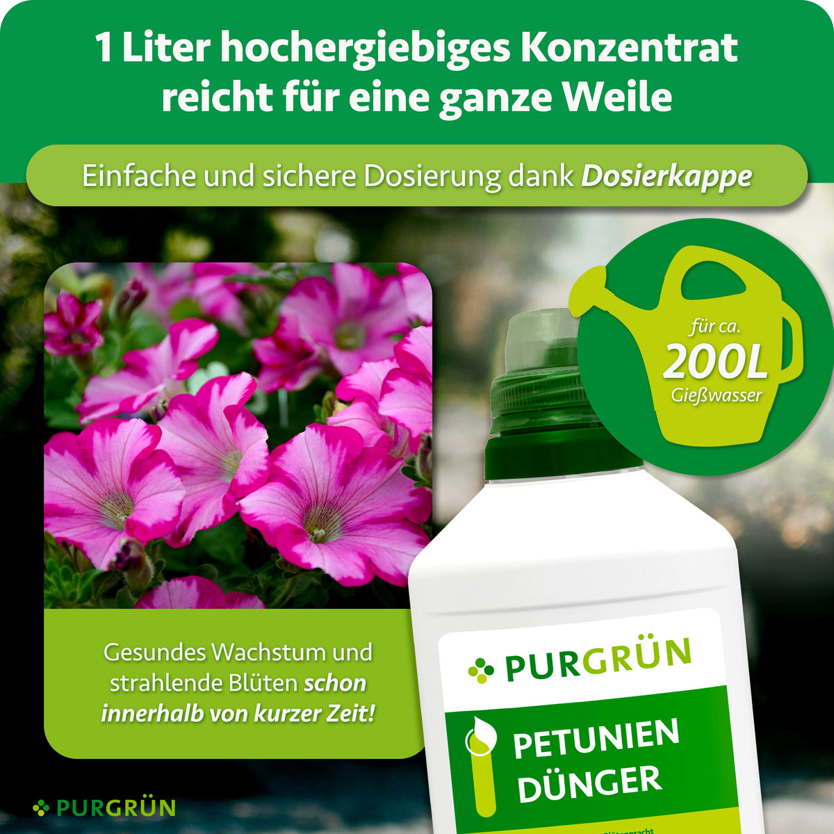 1 Liter hochergiebiges Konzentrat mit Dosierkappe reicht für ca. 200 Liter Gießwasser.