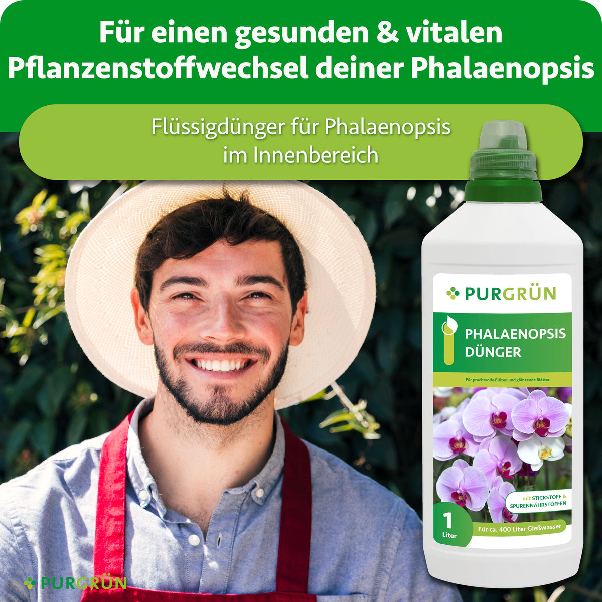Flüssigdünger für Phalaenopsis im Innenbereich, dargestellt neben einem lächelnden Gärtner; für einen gesunden und vitalen Pflanzenstoffwechsel.