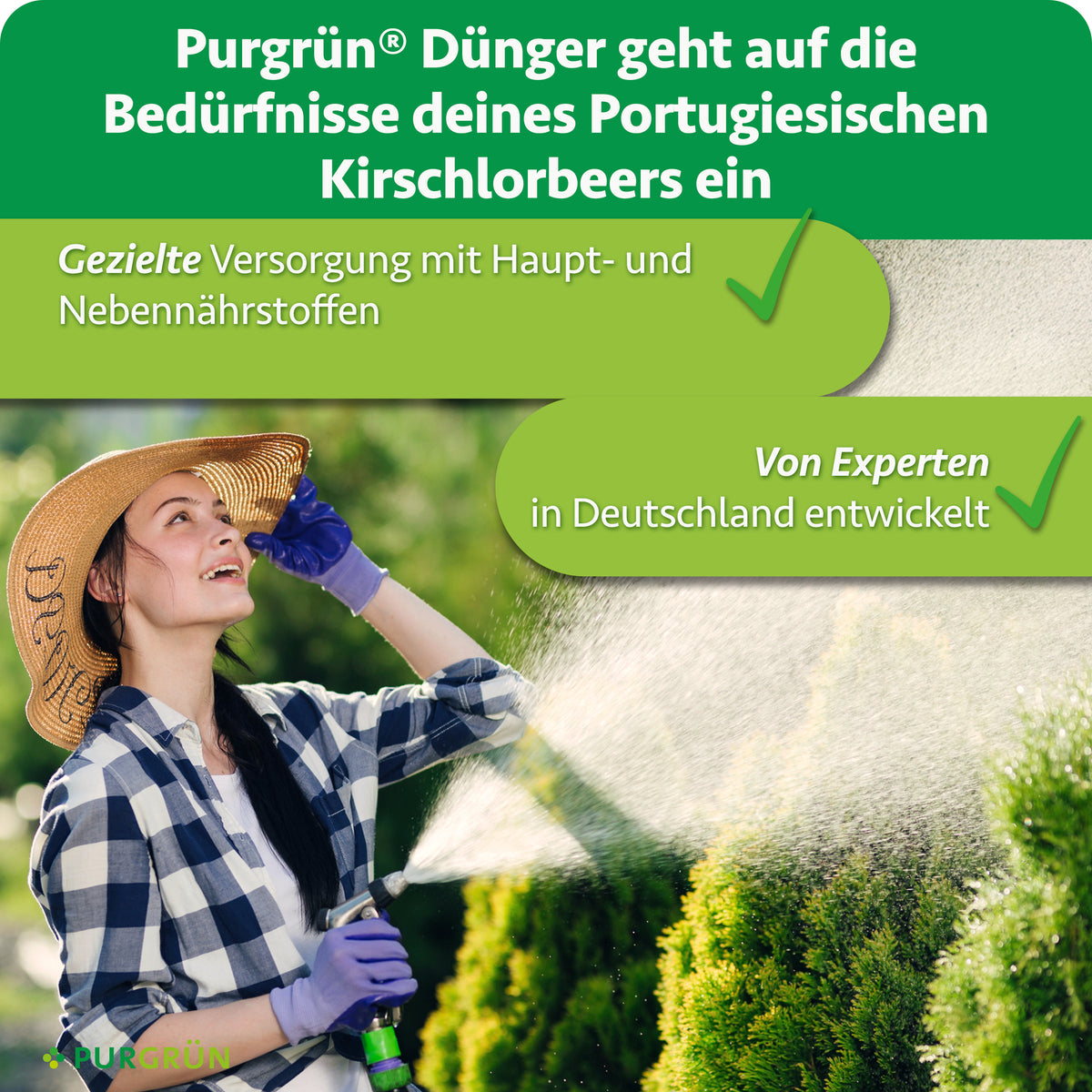 Purgrün Portugiesischer-Kirschlorbeer-Dünger: gezielte Versorgung mit Haupt- und Nebennährstoffen, von Experten in Deutschland entwickelt.