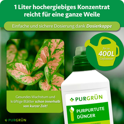 Ein Liter Konzentrat reicht für ca. 400 Liter Gießwasser und lässt sich mit der Dosierkappe einfach und sicher dosieren.