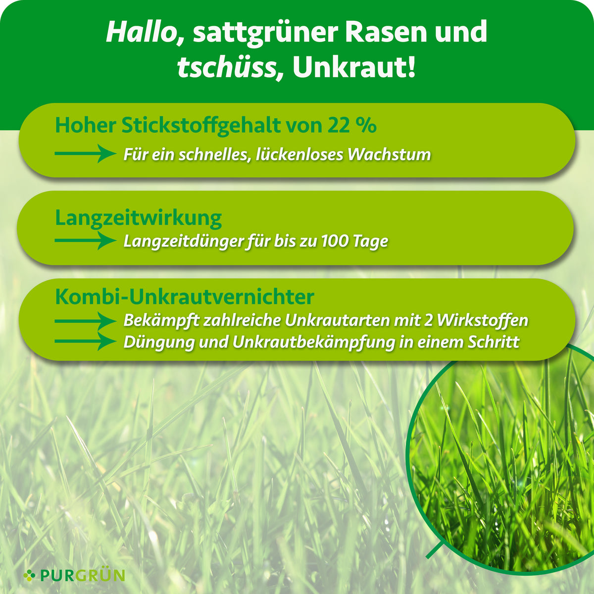 22 % Stickstoff fördern schnelles, lückenloses Wachstum, der Langzeitdünger wirkt bis zu 100 Tage und zwei Wirkstoffe bekämpfen zahlreiche Unkrautarten.