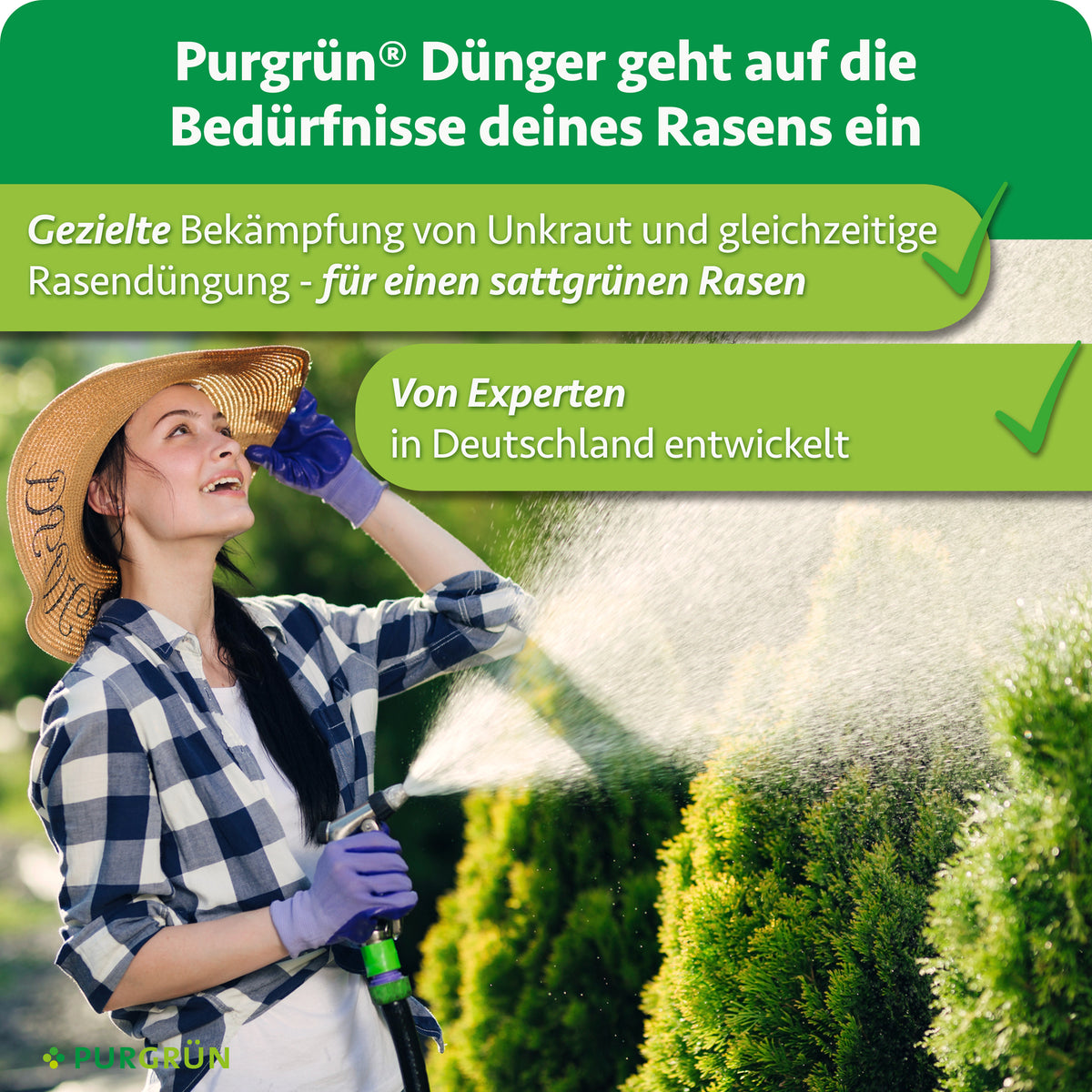 Purgrün Rasendünger mit Unkrautvernichter: gezielte Bekämpfung von Unkraut und gleichzeitige Rasendüngung, von Experten in Deutschland entwickelt.