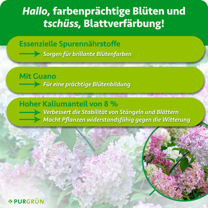 Essenzielle Spurennährstoffe sorgen für brillante Blütenfarben. Mit Guano für eine prächtige Blütenbildung. 8 % Kalium verbessern die Stabilität und Widerstandsfähigkeit der Pflanze.