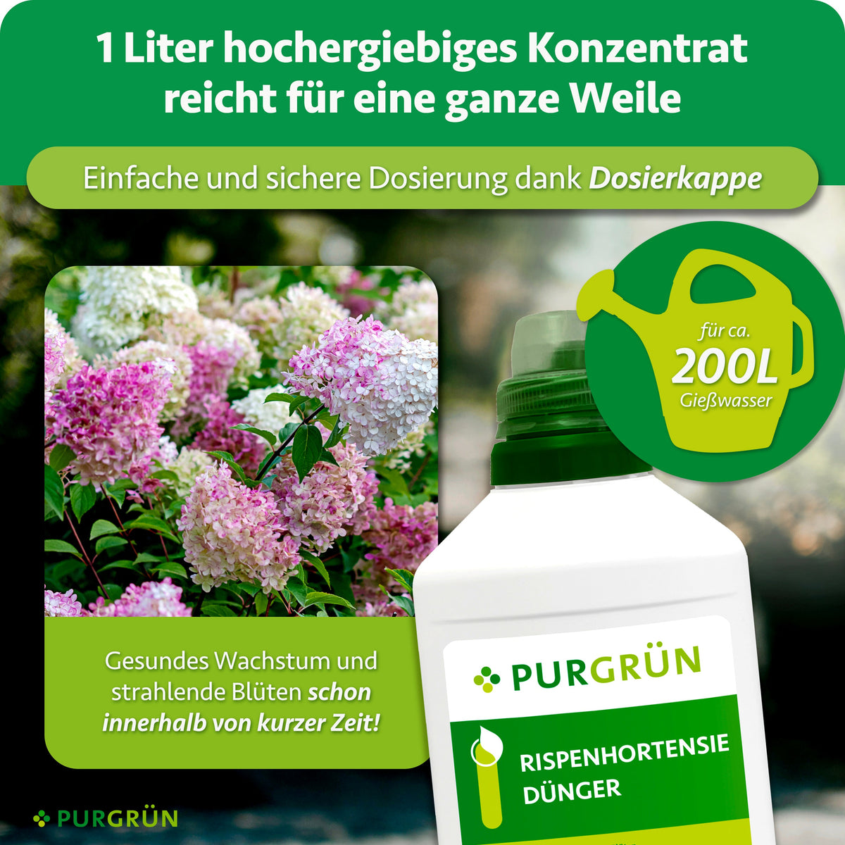 Ein Liter hochergiebiges Konzentrat mit Dosierkappe reicht für ca. 200 Liter Gießwasser.