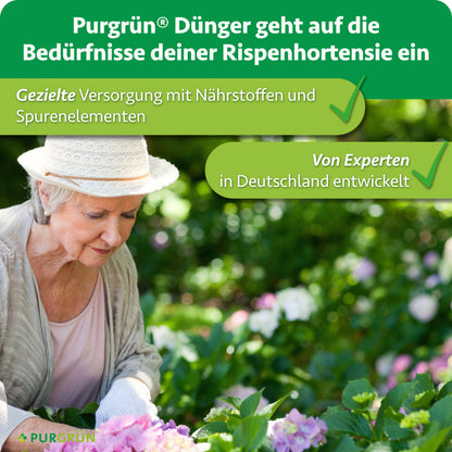 Purgrün Rispenhortensie-Dünger: gezielte Versorgung mit Nährstoffen und Spurenelementen, von Experten in Deutschland entwickelt.