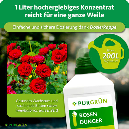1 Liter hochergiebiges Konzentrat mit Dosierkappe reicht für ca. 200 Liter Gießwasser; daneben sind rote Rosen und die Düngerflasche dargestellt.
