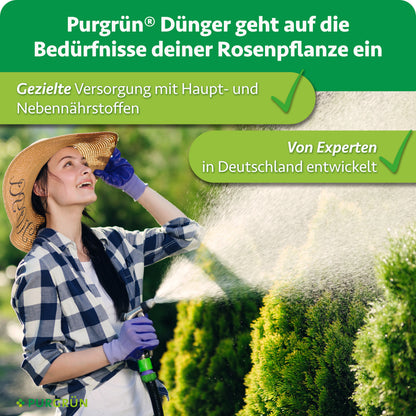 Purgrün Rosendünger: gezielte Versorgung mit Haupt- und Nebennährstoffen, von Experten in Deutschland entwickelt.