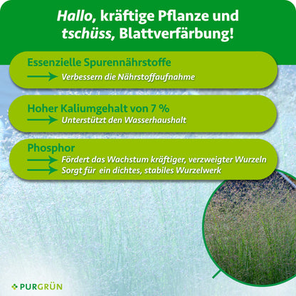 Spurennährstoffe verbessern die Nährstoffaufnahme, 7 % Kalium unterstützen den Wasserhaushalt und Phosphor fördert kräftige, verzweigte Wurzeln.