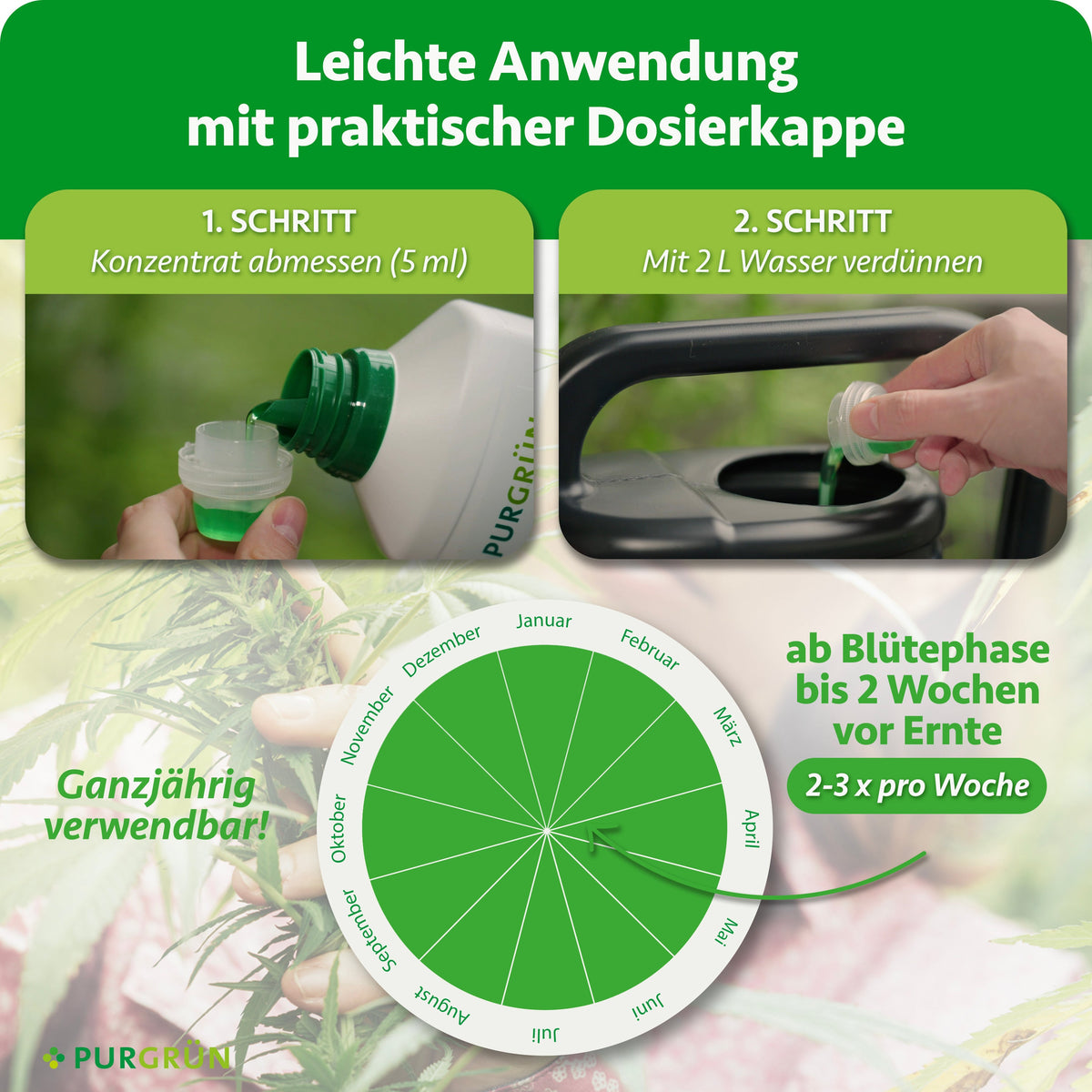5 ml Konzentrat abmessen und mit 2 l Wasser verdünnen. Ganzjährig ab der Blütephase bis 2 Wochen vor der Ernte 2–3-mal pro Woche anwenden.