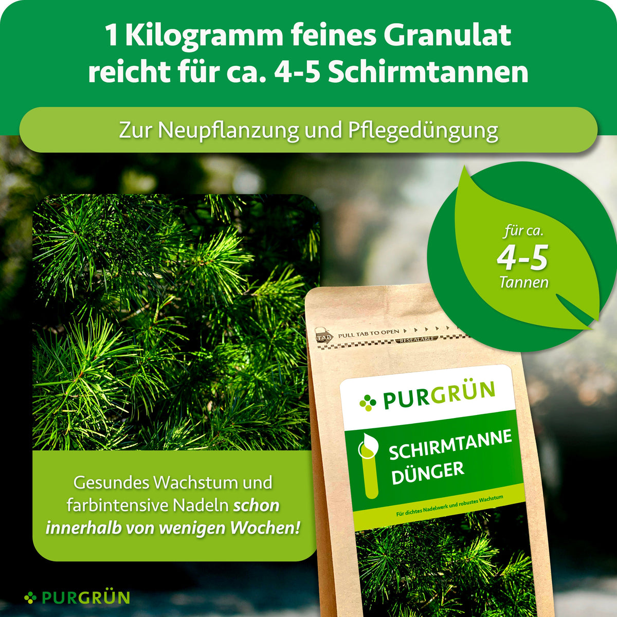 1 kg feines Granulat reicht zur Neupflanzung und Pflegedüngung für ca. 4–5 Schirmtannen. Gesundes Wachstum und farbintensive Nadeln zeigen sich schon innerhalb weniger Wochen.