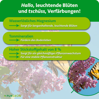 Wasserlösliches Magnesium unterstützt langanhaltend leuchtende Blüten, Tonmineralien fördern das Bodenleben. 8 % Stickstoff fördern gleichmäßiges Wachstum und eine stabile Pflanzenstruktur.