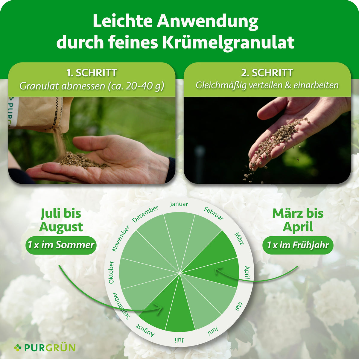 Anwendung: ca. 20–40 g Granulat abmessen, gleichmäßig verteilen und einarbeiten. Einmal von März bis April und einmal von Juli bis August düngen.