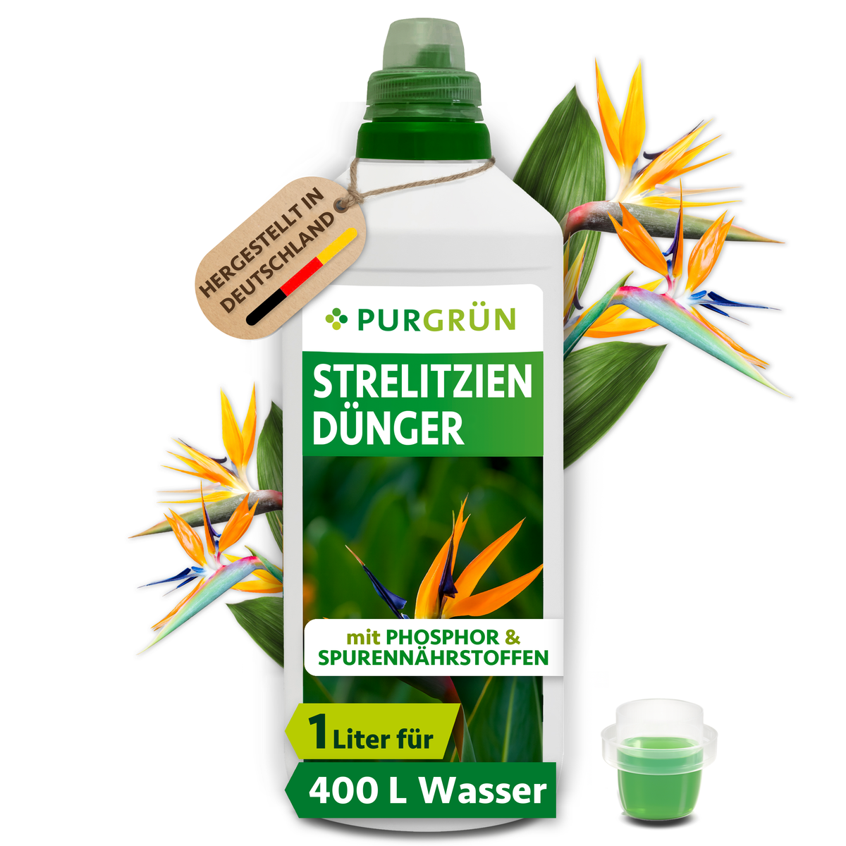 Purgrün Strelitzien-Dünger, 1 Liter, mit Dosierkappe; Konzentrat für ca. 400 Liter Gießwasser.